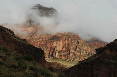 Brahma Temple shrouded by rain clouds