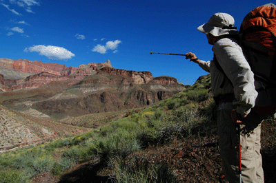 Chris points out our ascent route to the Tonto in Hotauta Canyon across the river