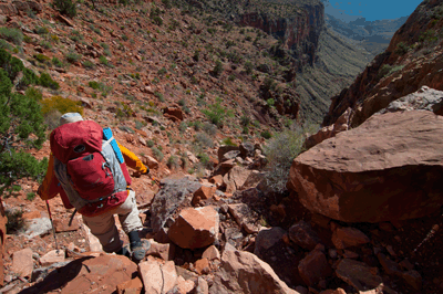 Chris Forsyth begins the descent into Vishnu Creek Canyon through a fault in the Redwall